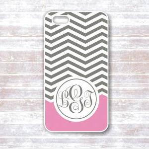 Monogrammed Iphone Case - Grey Chevron With Pink..