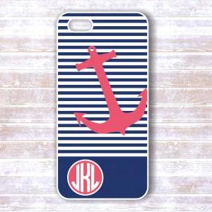 Monogrammed Iphone 4/4s Case - Pink Anchor, Navy..