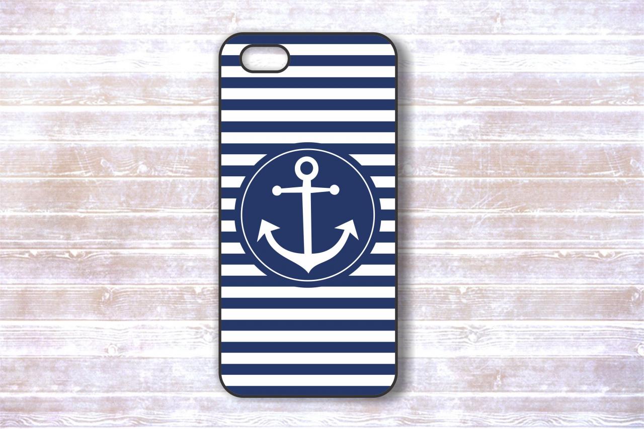 Anchor iPhone Case - Nautical White And Dark Blue Stripes Protective iPhone Back Hard Covers