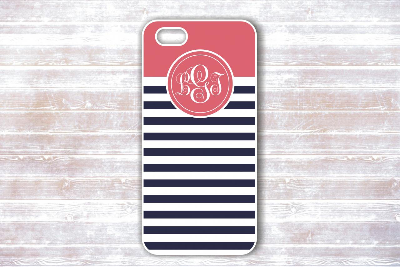 Monogram Iphone Case - Personalized Navy And Coral Striped Monogram Iphone Hard Covers - Iphone Cases