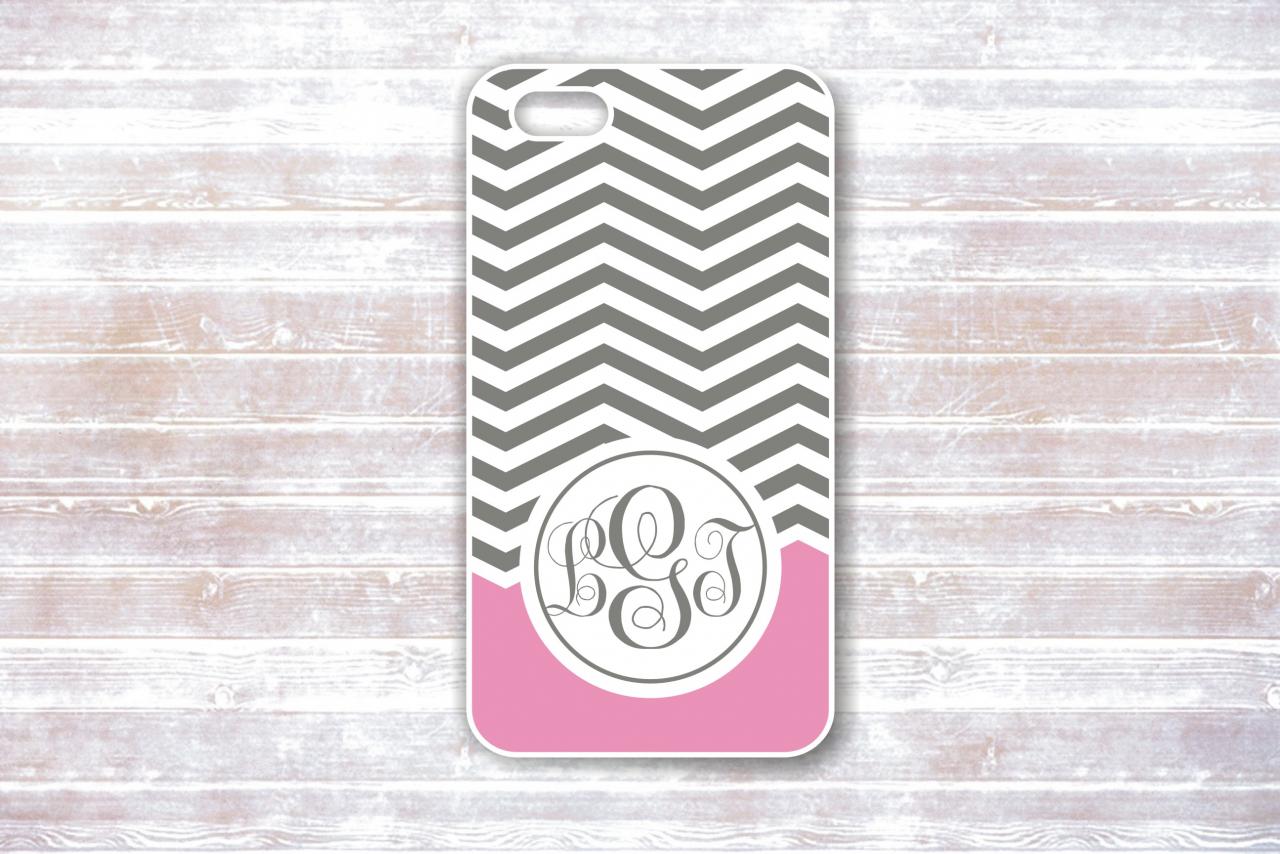 Monogrammed Iphone Case - Grey Chevron With Pink Accent Monogram - Hard Protective Covers For Iphones