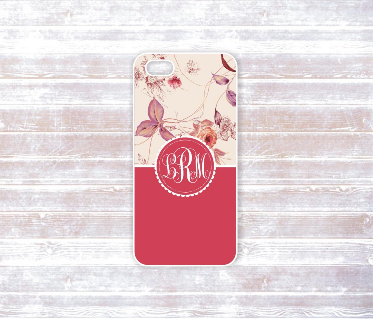 Monogrammed Iphone 5 Case - Indian Red And Cream Color With White Monogram - Damask - Personalized Hard Cover For Iphone 5