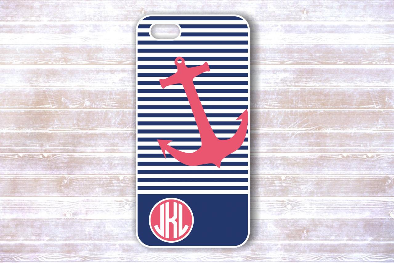 Monogrammed Iphone 4/4s Case - Pink Anchor, Navy Stripes - Personalized Hard Cases For Iphones