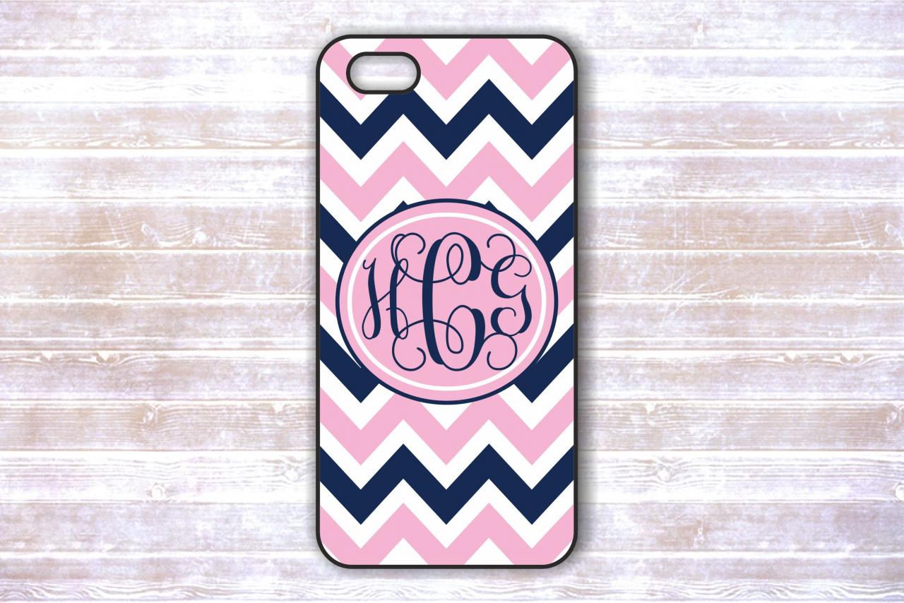 Monogrammed Iphone 4/4s Case - Pink And Navy Chevron - Personalized Monogram Hard Cases For Iphone 4/4s