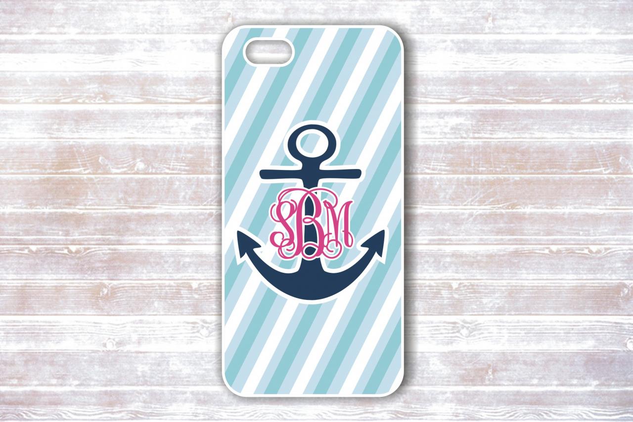 Monogrammed Iphone 4/4S case - Personalized Fancy Monogram Anchor Nautical Striped Cover IPhone Cases