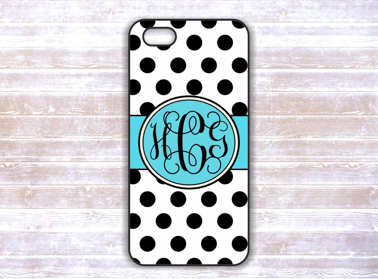 Monogrammed Iphone Iphone 4/4S case -Black Polka Dots Personalized Hard Cases for iphone 4/ 4S