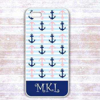 Iphone 4/4S case - White And Navy Anchors Monogram Striped Case Personalized iphone cover